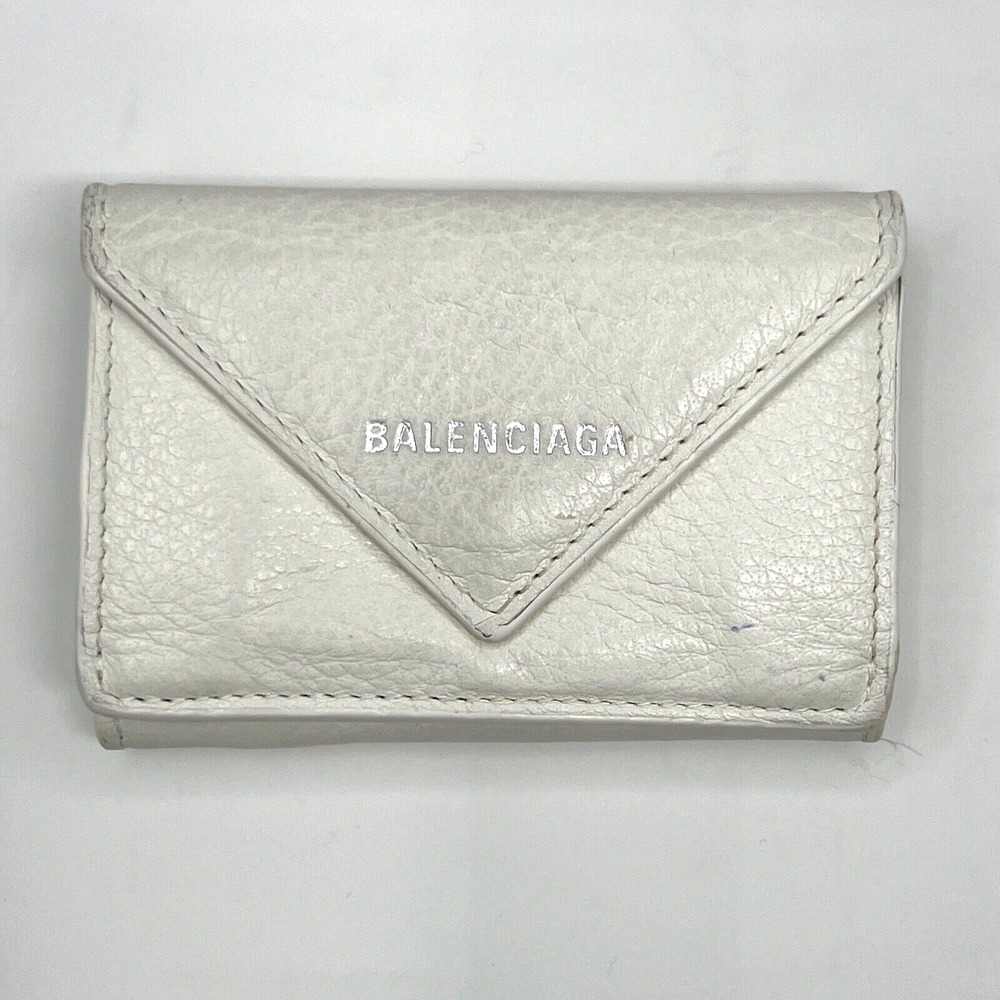 Authentic BALENCIAGA Papier Mini White Leather Trifold Wallet